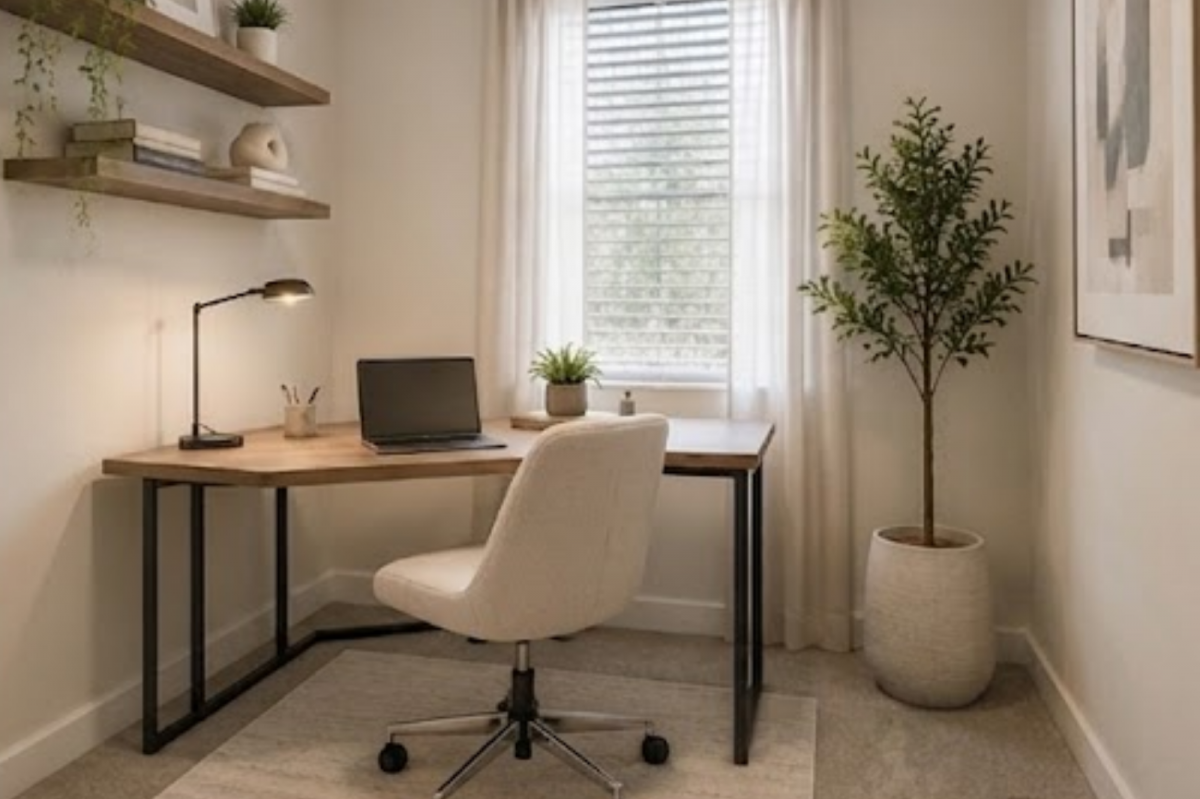 Rendering of a home office with a wood desk, white chair, laptop, shelves, and potted tree.