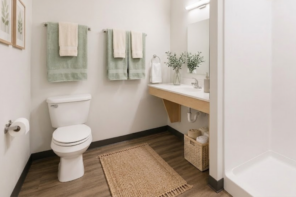 Rendering of a bathroom with a white toilet, shower, wood vanity, mirror, and sage green towels.