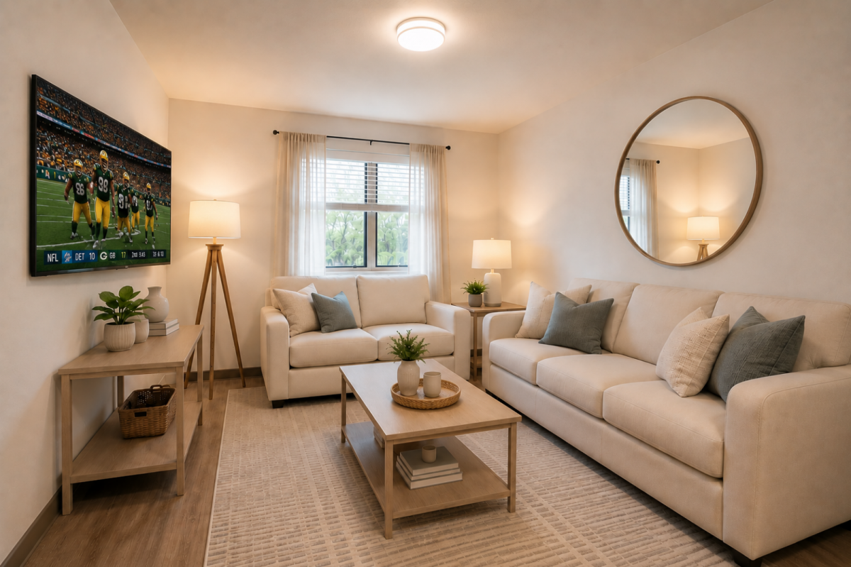 Rendering of a living room with cream sofas, wood tables, a round wall mirror, and a TV showing football.