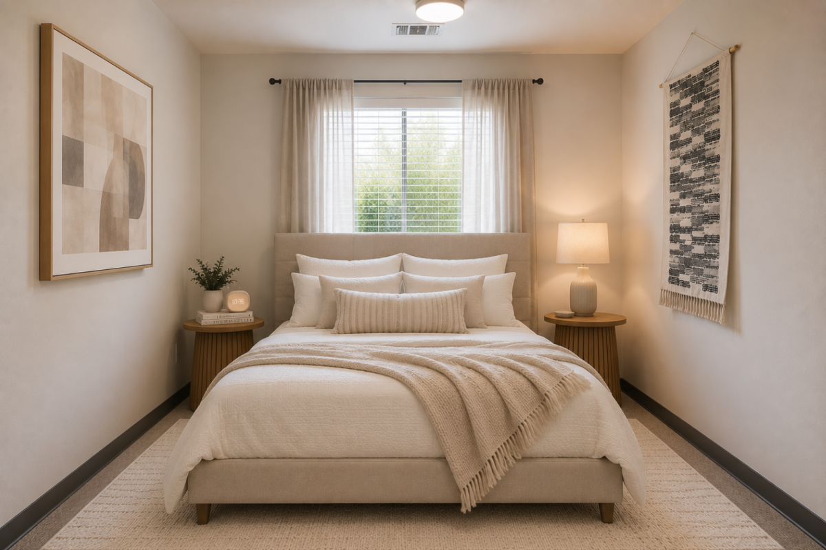 Rendering of a bedroom with a cream upholstered bed, layered white bedding, side tables, and wall art.